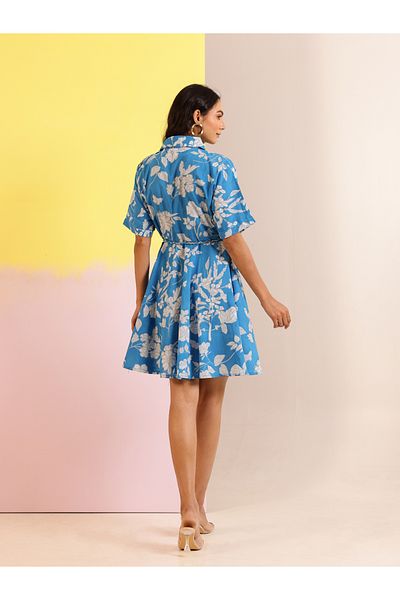 Sanskrutihomes By Styli Blue Floral Print Collared Cotton A-Line Mini Dress