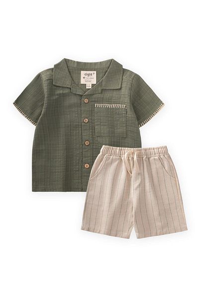 Cigit Handcrafted Detailed Shirt Suit 2-10 Years Green