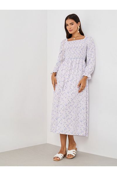 Take Two By Styli Women Purple Floral Print Square Neck Smocked A-Line Midi Dress