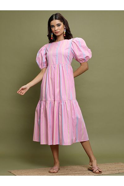 Vishudh By Styli Women Pink Striped Puff Sleeves A-Line Midi Dress