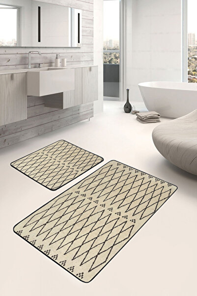 Realhomes كريم - طقم سجادة مطبخ للحمام مكون من قطعتين بتصميم هندسي محلي عتيق ...