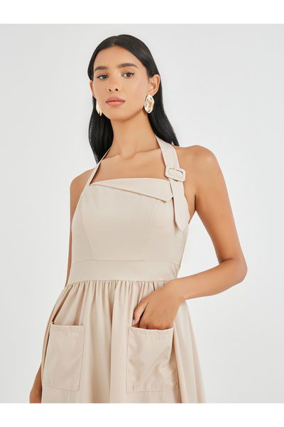 Styli Solid Halter Neck Midi Dress with Pocket Detail