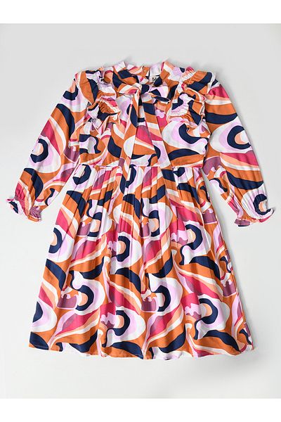 Bella Moda By Styli All-Over Print Tie-Up Neck Pleated Dress with 3/4 Sleeves