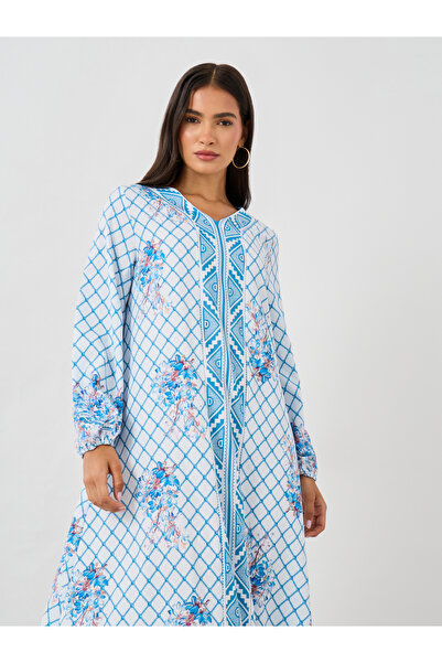 Keenly By Styli Checked Print V-Neck Long Sleeve Maxi Jalabiya
