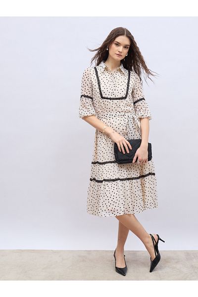 Styli Polka Dot Print Collared A-Line Midi Dress with Lace Detail