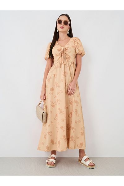 Styli Floral Print Gathered Detail Puff Sleeve Maxi Dress