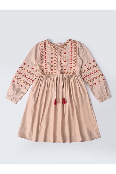 Bella Moda By Styli Embroidered Tie-Up Neck Knee-Length Dress