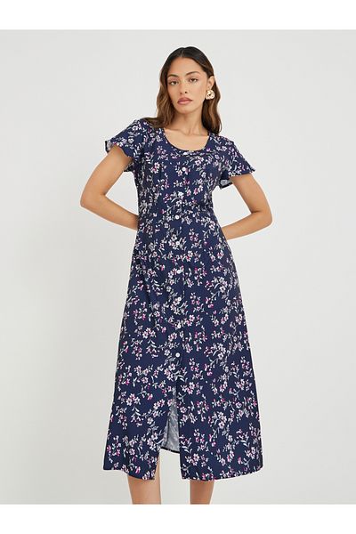 Take Two By Styli Women Navy Blue Floral Print Button Front A-Line Midi Dress