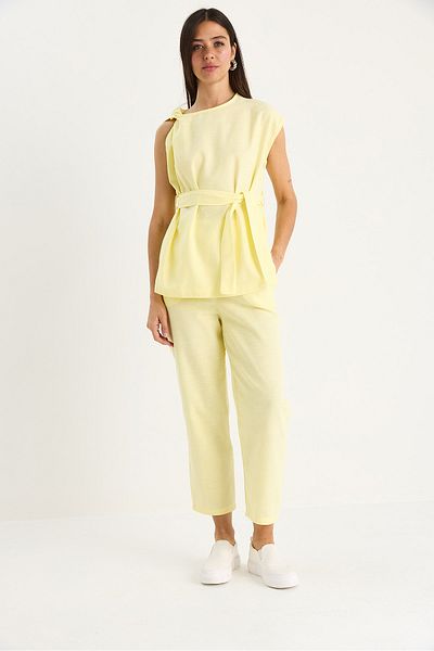 Bianco Lucci Women's Shoulder Knot Detailed Belted Linen Top-Top Set 9369 60281075