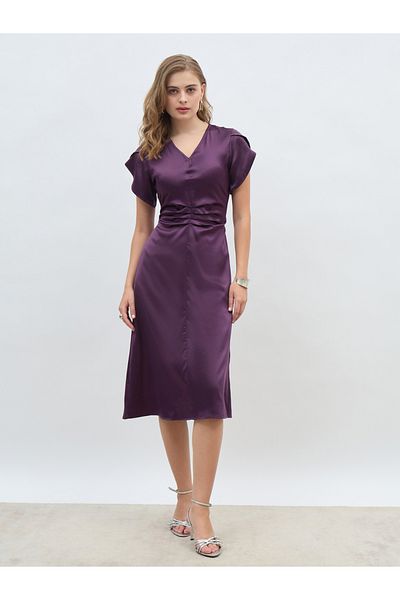 Styli Women Purple Solid Petal Sleeves A-Line Midi Dress
