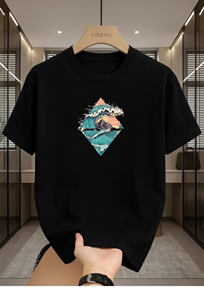 Dalga Baskılı Unisex Bisiklet Yaka Pamuk Oversize Boyfriend T-Shirt