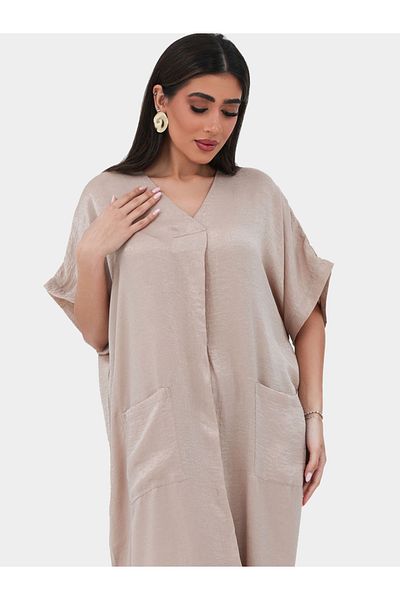 Elena by DStyle Crinkled Satin V Neck Jalabiya with Pocket Detail