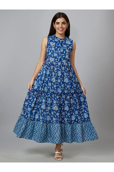 Globus By Styli Women Blue Floral Printed Sleeveless Tiered Maxi Dress