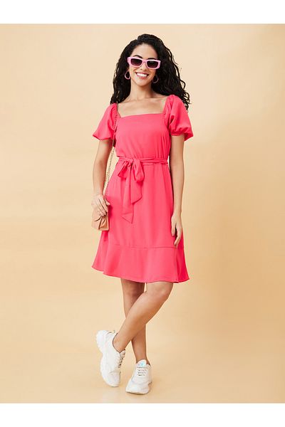 Globus By Styli Women Pink Solid Square Neck A-Line Knee-Length Dress
