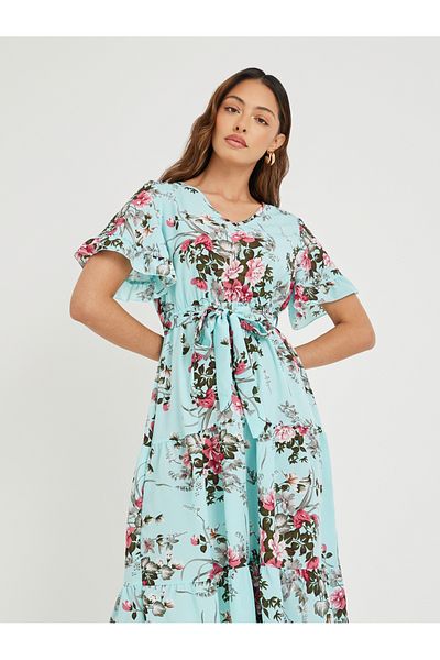 Take Two By Styli Women Blue Floral Print Ruffle Trim A-Line Midi Dress with Tie Waist