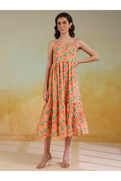 Sanskrutihomes By Styli All-Over Floral Print Smocked Back A-Line Midi Dress