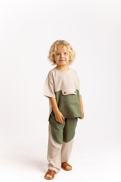 Cigit Two Color Linen Blouse with Kangaroo Pocket Khaki Green