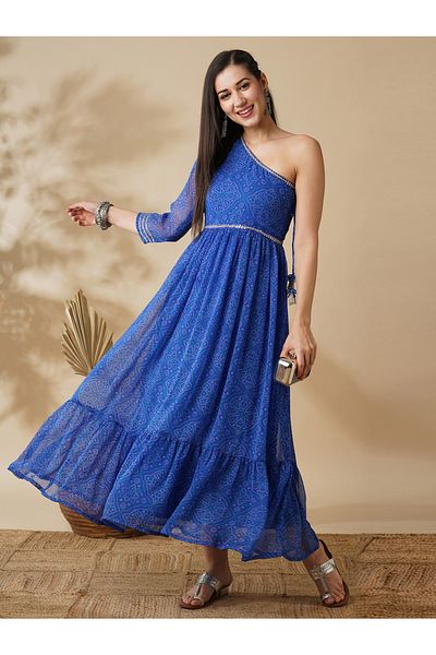 Globus By Styli Women Blue Bandhani Print One Shoulder A-Line Maxi Dress with Sequin Detail