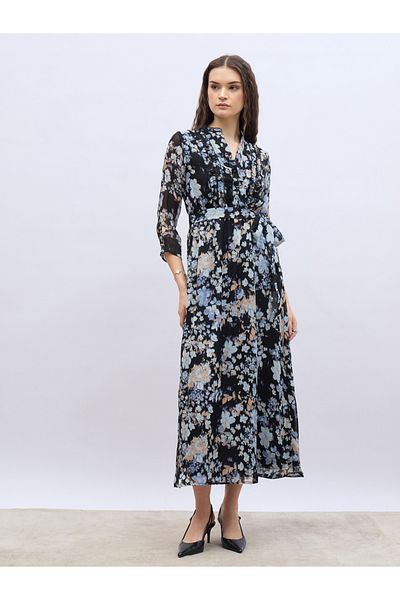 Styli Mandarin Collar Floral Print Maxi Dress