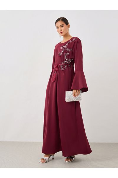 Styli Embellished V-Neck A-Line Belted Jalabiya