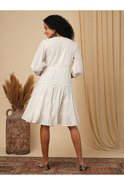 Globus By Styli Women Off-White Embroidered Yoke Tiered Knee-Length Dress