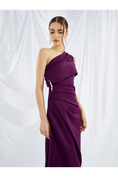 Keenly By Styli Embellished One Shoulder Asymmetric Hem Midi Dress