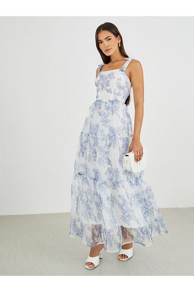 Styli Floral Print Tie-Sleeve Tiered Maxi Dress
