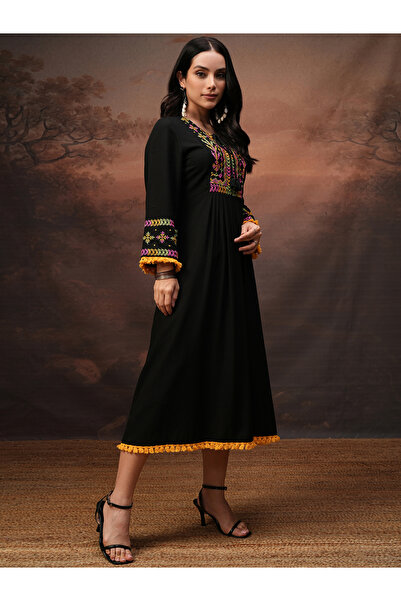 Vishudh By Styli Women Embroidered Tie-Up Neck A-Line Midi Dress