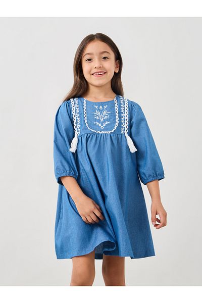Styli Embroidered Balloon Sleeve Denim Dress