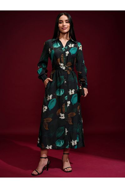 Vishudh By Styli Floral Printed Belted Shirt Midi Dress
