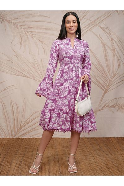 Vishudh By Styli Women Tie and Dye Printed A-Line Midi Dress with Pompom Detail