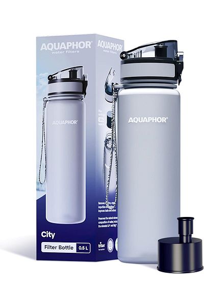 Aquaphor City Bottle 500ml Grey | Travel Water Bottle with Activated Carbon Filter | Filters Chlorin