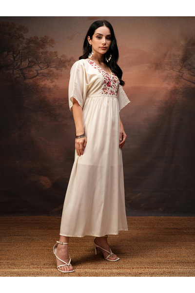 Vishudh By Styli Women Embroidered V Neck A-Line Maxi Dress