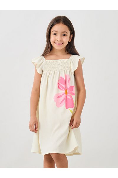 Styli Girls Graphic Print Smocked Yoke Dress with Ruffled Sleeves
