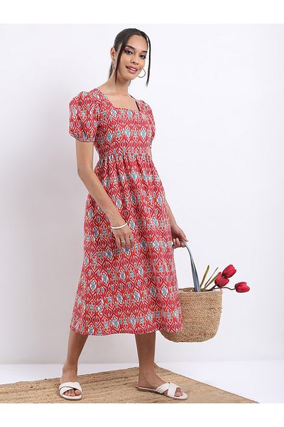 Vishudh By Styli Ethnic Motifs Printed Square Neck A-Line Midi Dress