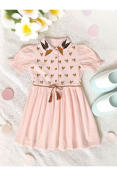 Bella Moda By Styli Embroidered Puff Sleeve Knee-Length Dress