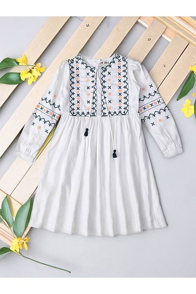 Bella Moda By Styli Embroidered Tie-Up Neck Knee-Length Dress