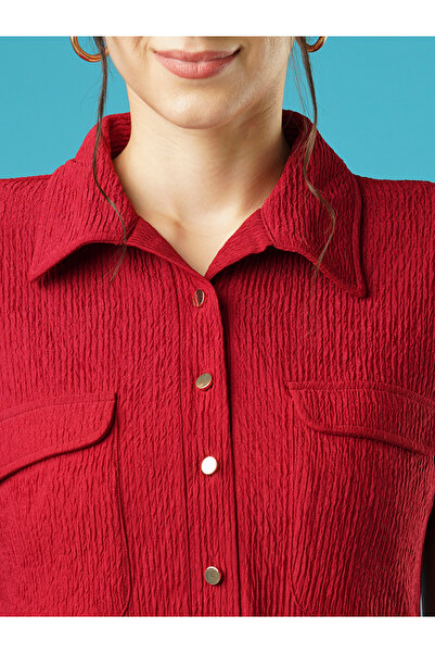 Globus By Styli Women Maroon Self Design Collared Sheath Midi Dress with Pocket Detail