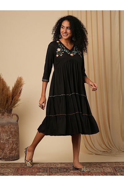 Globus By Styli Women Black Embroidered V Neck Tiered Midi Dress