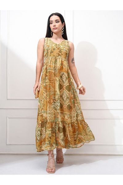 Vishudh By Styli Women All-Over Printed V Neck A-Line Maxi Dress