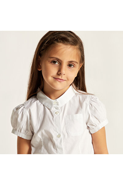 Juniors Solid Shirt With Spread Collar And Puff Sleeves