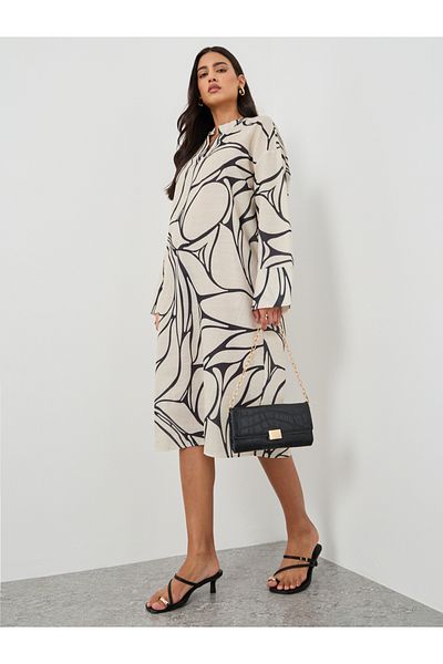 Styli Print Long Sleeves Kaftan Knee-Length Dress