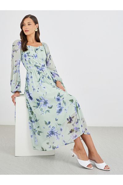 Styli Floral Print Balloon Sleeve A-Line Midi Dress