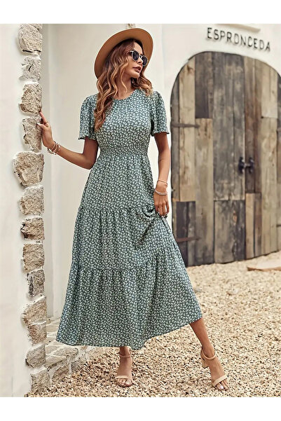 Take Two By Styli All-Over Print Round Neck Midi Dress