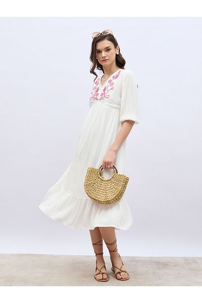 Styli Embroidered V Neck A-Line Midi Dress