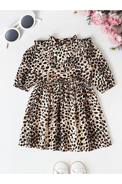 Bella Moda By Styli Leopard Print Ruffled Detail Knee-Length Dress