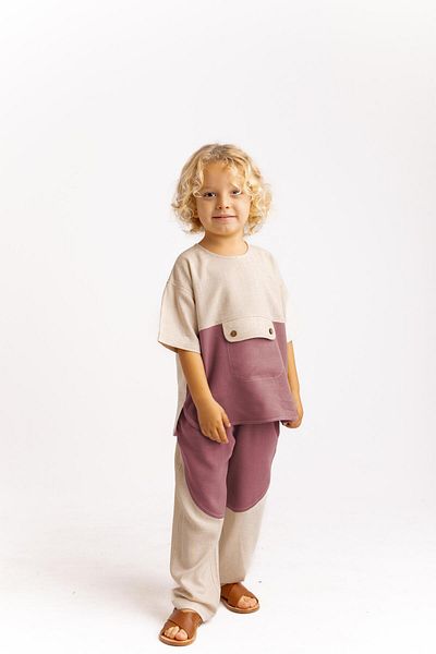 Cigit Two Color Linen Blouse with Kangaroo Pocket 2-7 Years Plum