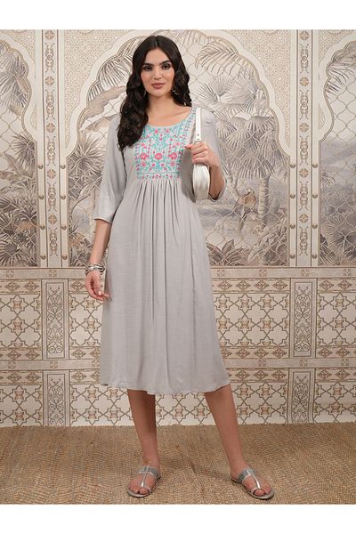 Vishudh By Styli Women Grey Embroidered Round Neck A-Line Midi Dress