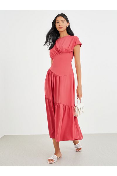 Styli Solid Short Sleeve A-Line Midi Dress with Asymmetric Gathering
