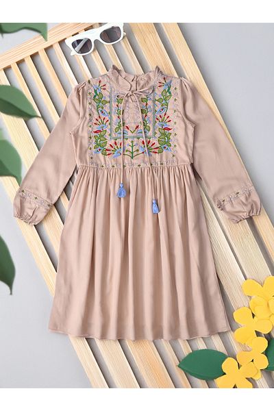 Bella Moda By Styli Embroidered Tie-Up Neck Knee-Length Dress